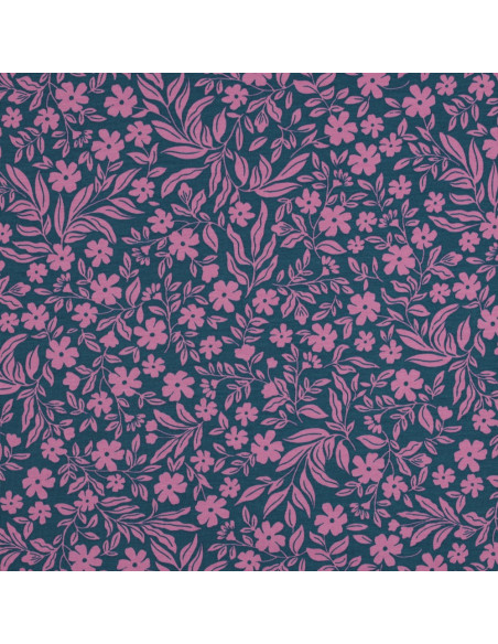 Tissu jersey fleurs - Rose sur fond bleu pétrole