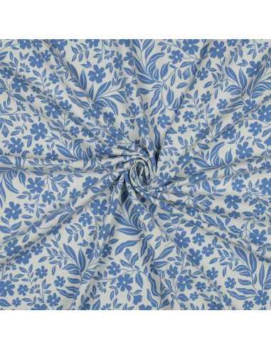 Tissu jersey fleurs - Bleu sur fond blanc