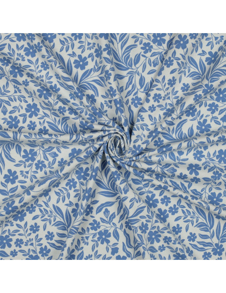 Tissu jersey fleurs - Bleu sur fond blanc