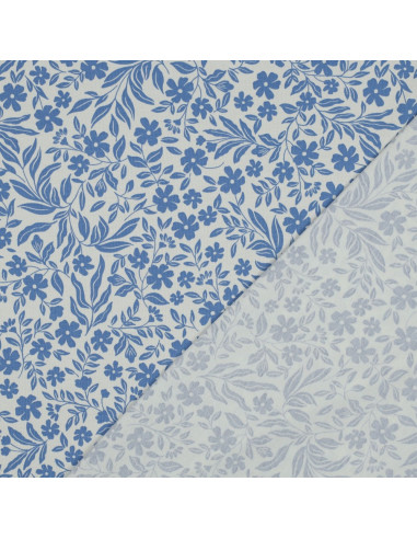 Tissu jersey fleurs - Bleu sur fond blanc