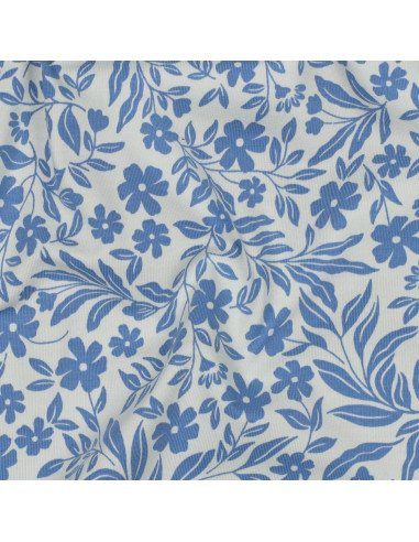 Tissu jersey fleurs - Bleu sur fond blanc