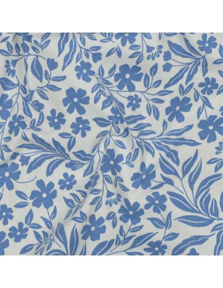 Tissu jersey fleurs - Bleu sur fond blanc