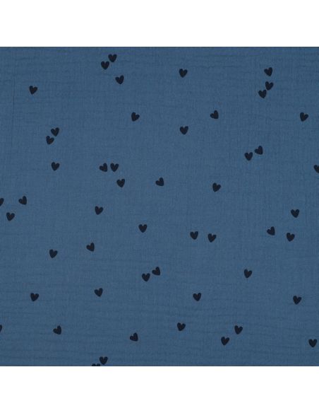 Tissu double gaze imprimé - Cœur noir sur fond bleu