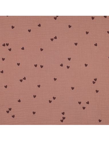Tissu double gaze imprimé - Cœur mocha sur fond marron