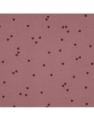 Tissu double gaze imprimé - Cœurs rose sur fond vieux rose foncé