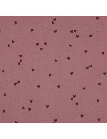 Tissu double gaze imprimé - Cœurs rose sur fond vieux rose foncé