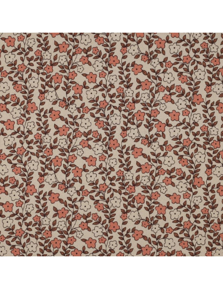 Tissu jersey coton maille côtelé - Fleurs sur fond naturel