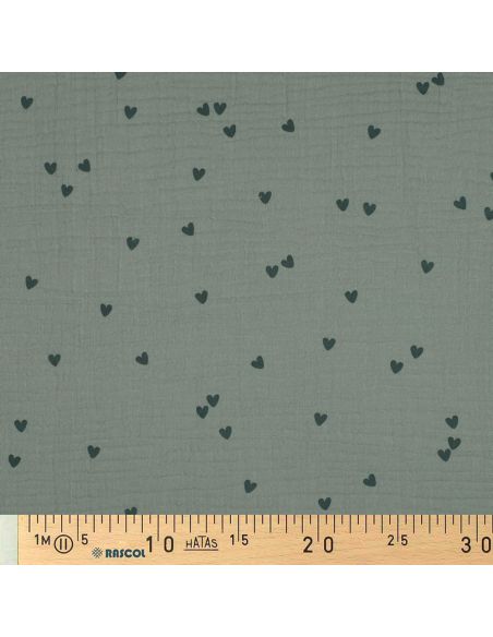 Tissu double gaze imprimé - Cœur vert foncé sur fond vert