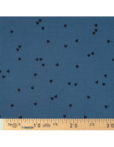 Tissu double gaze imprimé - Cœur noir sur fond bleu