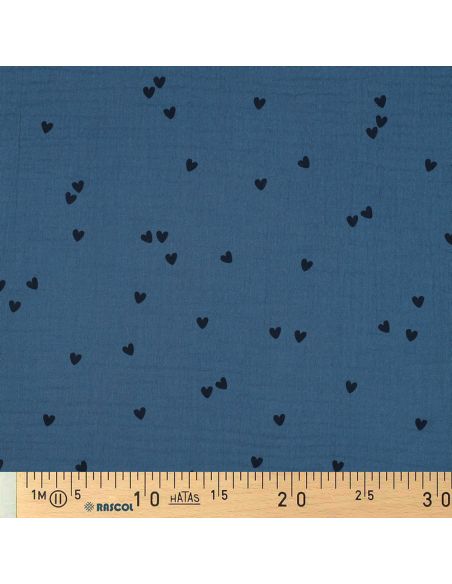 Tissu double gaze imprimé - Cœur noir sur fond bleu