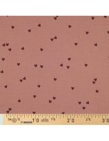 Tissu double gaze imprimé - Cœur mocha sur fond marron