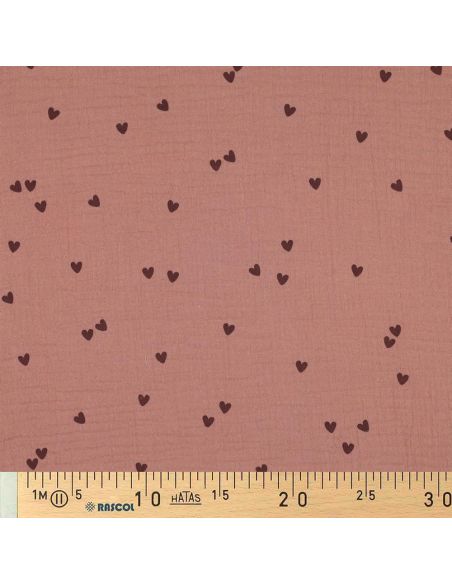 Tissu double gaze imprimé - Cœur mocha sur fond marron