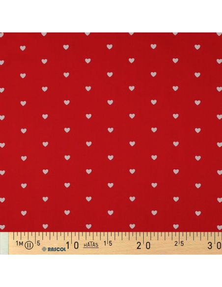 Tissu popeline de coton fantaisie - Cœurs blanc sur fond rouge