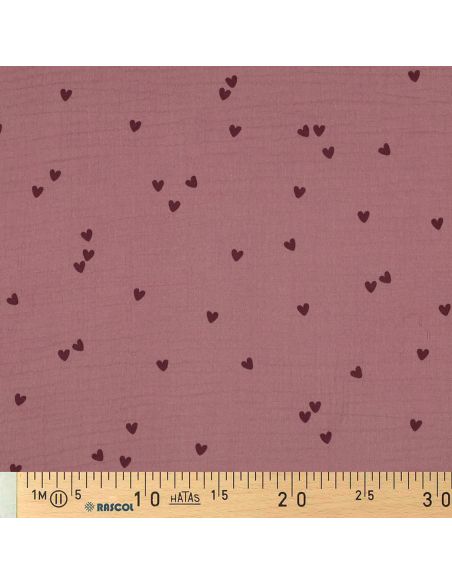 Tissu double gaze imprimé - Cœurs rose sur fond vieux rose foncé