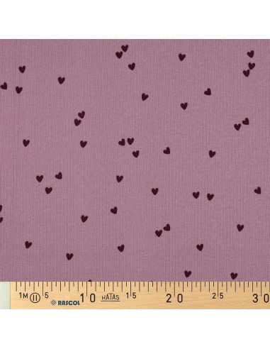 Tissu jersey coton maille côtelé - Cœurs mauve
