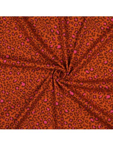 Tissu jersey coton maille côtelé - Léopard orange