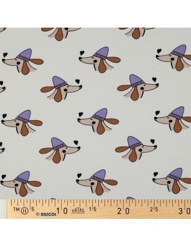 Tissu sweat molleton chien et cœurs - Blanc cassé