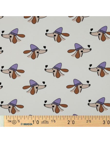 Tissu sweat molleton chien et cœurs - Blanc cassé