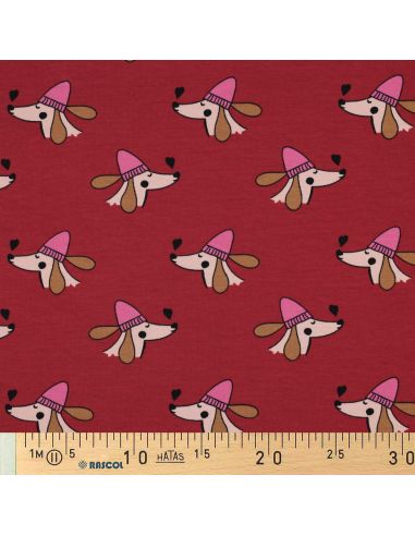 Tissu sweat molleton chien et cœurs - Rouge