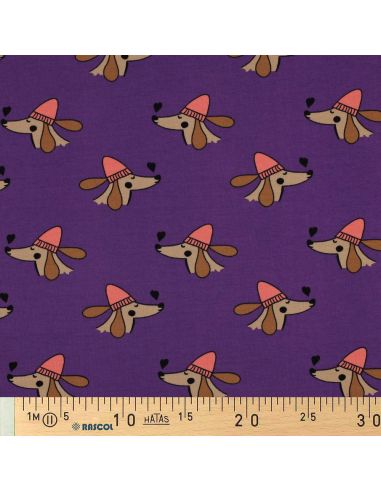 Tissu sweat molleton chien et cœurs - Violet
