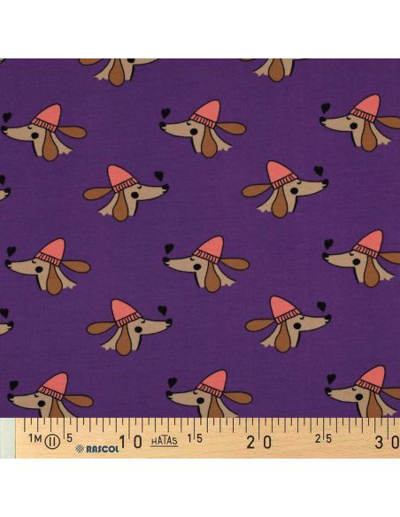 Tissu sweat molleton chien et cœurs - Violet