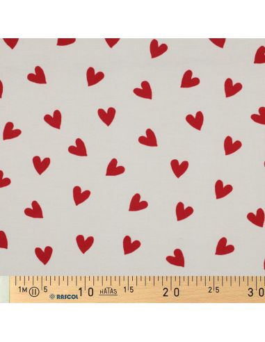 Tissu flanelle blanc cassé - Cœurs rouge
