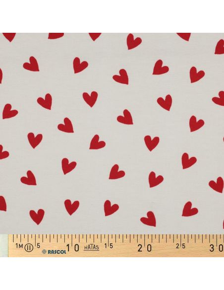 Tissu flanelle blanc cassé - Cœurs rouge
