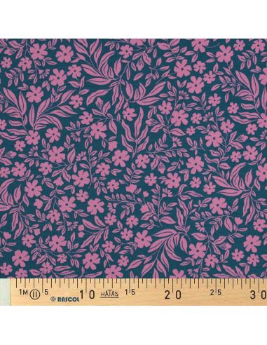 Tissu jersey fleurs - Rose sur fond bleu pétrole