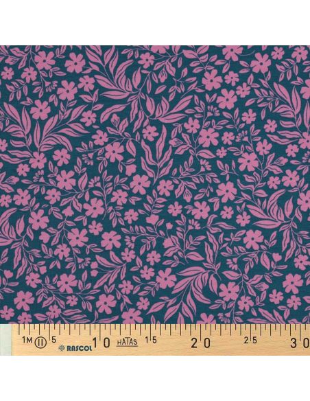 Tissu jersey fleurs - Rose sur fond bleu pétrole
