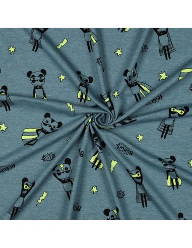 Tissu jersey chiné - Super héros jaune fond bleu