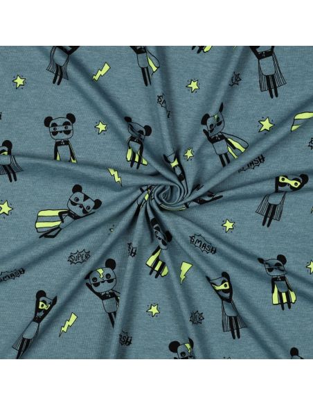 Tissu jersey chiné - Super héros jaune fond bleu
