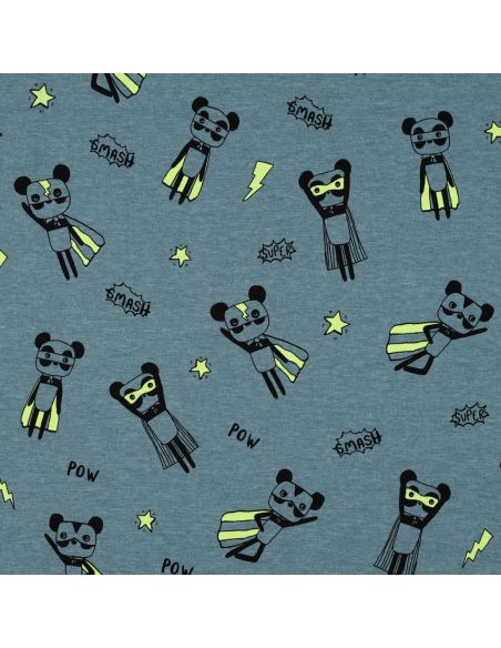 Tissu jersey chiné - Super héros jaune fond bleu