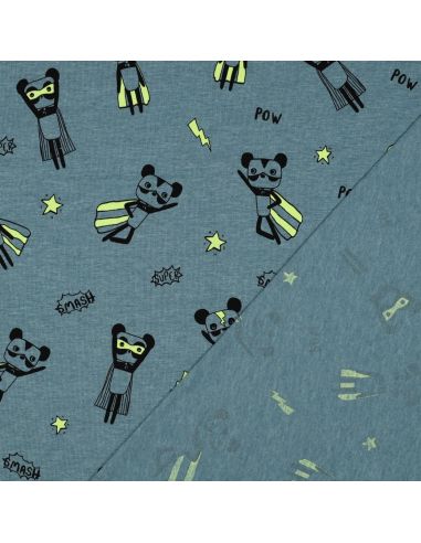 Tissu jersey chiné - Super héros jaune fond bleu