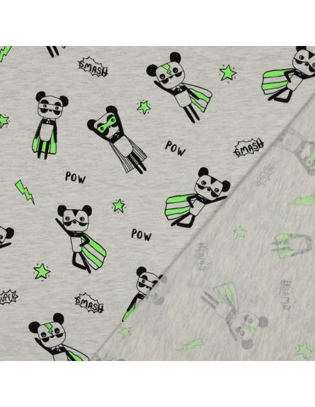Tissu jersey chiné - Super héros vert fond gris