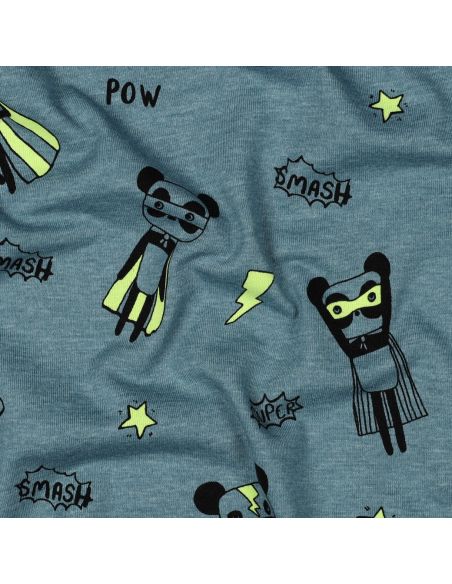 Tissu jersey chiné - Super héros jaune fond bleu