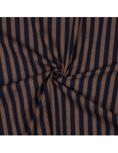Tissu popeline de coton - Rayures larges - Marron et navy