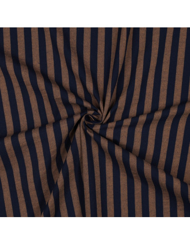 Tissu popeline de coton - Rayures larges - Marron et navy