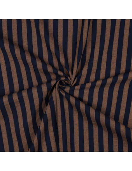 Tissu popeline de coton - Rayures larges - Marron et navy