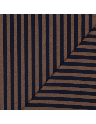 Tissu popeline de coton - Rayures larges - Marron et navy