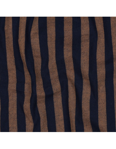 Tissu popeline de coton - Rayures larges - Marron et navy