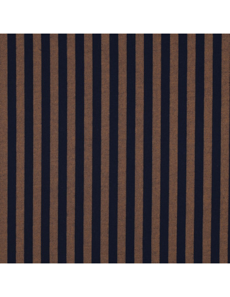 Tissu popeline de coton - Rayures larges - Marron et navy