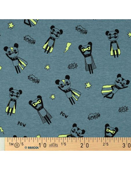 Tissu jersey chiné - Super héros jaune fond bleu