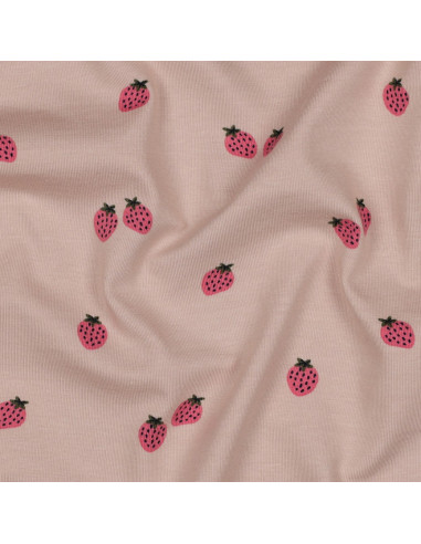 Tissu jersey Fraises - Fond pêche