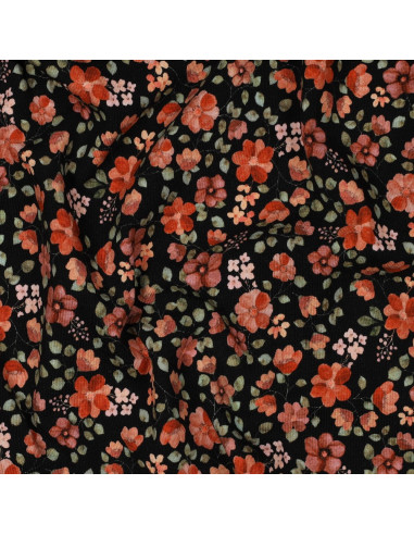 Tissu jersey Anna - Fleurs pêches sur fond noir