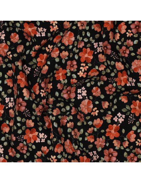 Tissu jersey Anna - Fleurs pêches sur fond noir