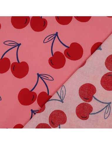 Tissu coton déperlant grosses cerises - Rose