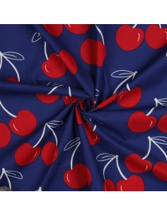Tissu coton déperlant grosses cerises - Bleu