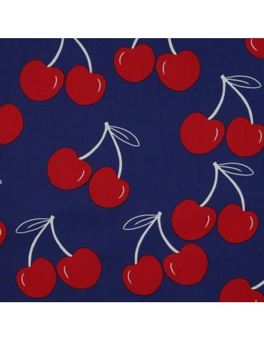 Tissu coton déperlant grosses cerises - Bleu