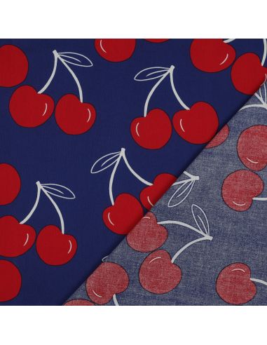 Tissu coton déperlant grosses cerises - Bleu