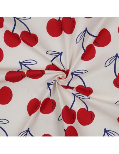 Tissu coton déperlant grosses cerises - Blanc cassé